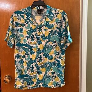 Disney Mickey Mouse Men's Tropical Print Shirt - Blue Green and Yellow